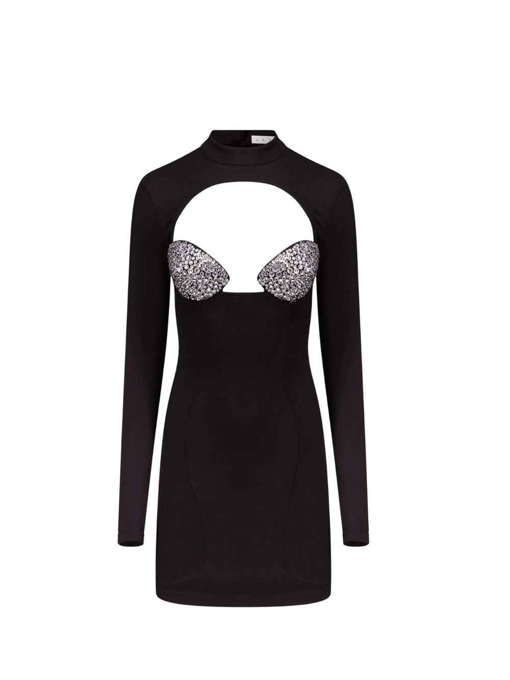 AREA Black Long-Sleeve Cutout Mini Dress with Crystal-Embellished Cups